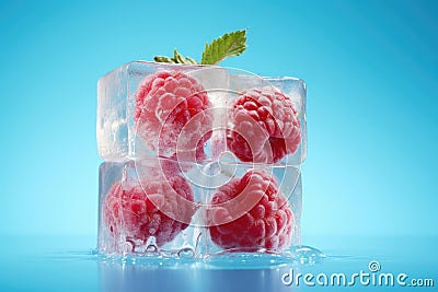 Frozen raspberry in an ice club on a neon background Stock Photo