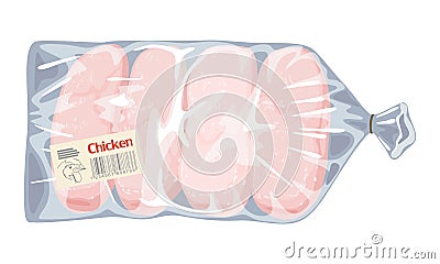 Frozen raw boneless skinless chicken breasts in plastic transparent bag. Meaty ingredients. Vector Illustration