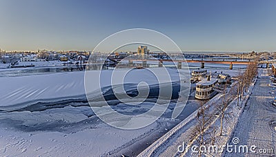 Frozen River with Brigde in UmeÃ¥, Sweden Stock Photo