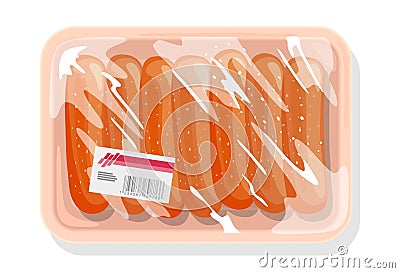 Frozen sausages, wieners are on plastic tray wrapped up kitchen film. Vector Illustration