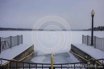 Frozen Skaneateles Lake during the winter months Stock Photo