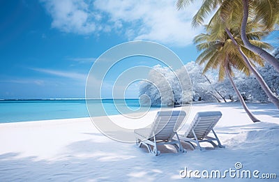 Frozen and snow-covered tropical beach with empty sun loungers. Stock Photo