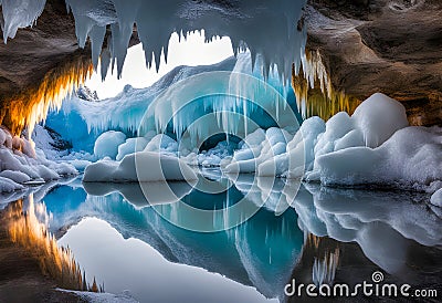 a frozen snowy icy explore cave reflection still water mountain winter calm adventure landscape snow nature scene Stock Photo