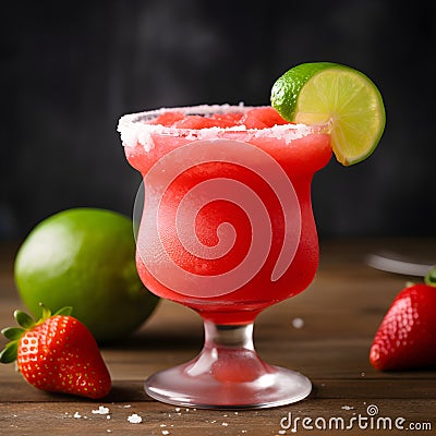 Frozen strawberry margarita garnished with a salt rim and a lime slice on dark background. Margarita with crushed ice. Summer red Stock Photo