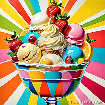 Frozen sundae ice cream strawberry bowl food pop art Cartoon Illustration