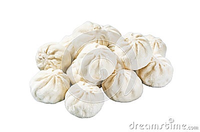 Frozen uncooked baozi dumplings stuffed with meat. Isolated on white background, top view. Stock Photo