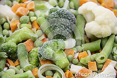 Frozen vegetables: cauliflower, green peas, leeks, broccoli, carrots, green beans on a white plate Stock Photo