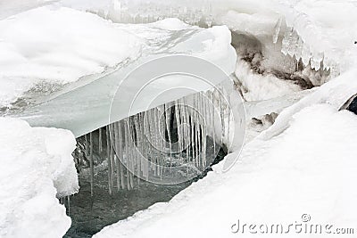 Frozen water icicles. Snow at Leh. Zanskar River. India Stock Photo