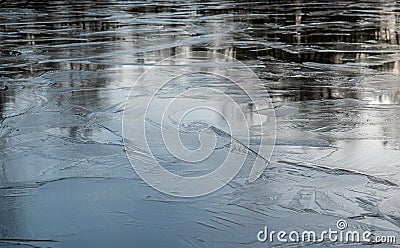 Frozen water in a small lake. Close up shot Stock Photo