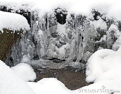 Frozen water, snow and small stream Stock Photo