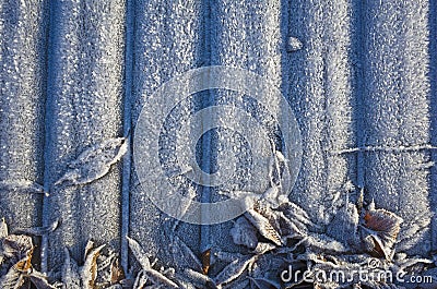 Frozen winter background, Dense thick frost snow crystals on striped wooden surface Stock Photo