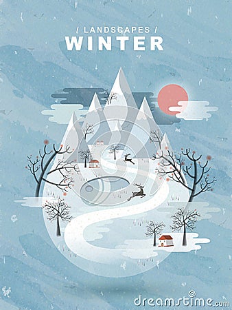 Frozen winter landscape in flat design Vector Illustration