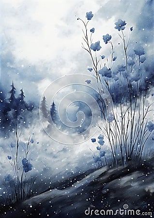 Frozen Wonderland: A Serene Landscape of Snow, Trees, and Flower Stock Photo