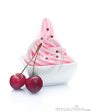 Frozen Yoghurt Dessert with a pair of cherries Stock Photo