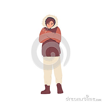 Frozen young male person wearing warm winter clothes outfit shaking from frost cold weather Vector Illustration