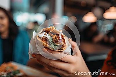frst-person view of bite-sized taco or burrito being taken with a cute and quirky person in the background Stock Photo
