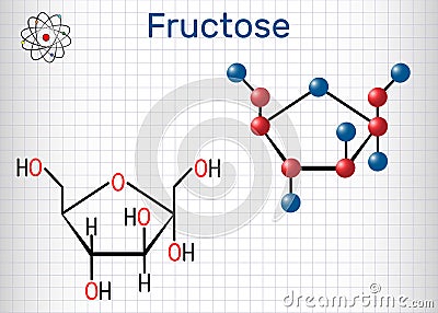 Fructose, aalpha-D-fructofuranose molecule. Cyclic form. Structural chemical formula and molecule model. Sheet of paper in a cage Vector Illustration