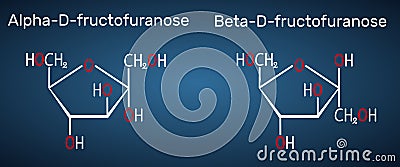 Fructose, alpha-D-fructofuranose, beta-D-fructofuranose molecule. Cyclic form. Structural chemical formula on the dark blue Vector Illustration