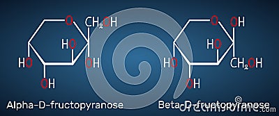 Fructose, alpha-D-fructopyranose, beta-D-fructopyranose molecule. Cyclic form. Structural chemical formula on the dark blue Vector Illustration