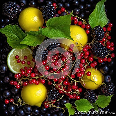 Fruit Backgrounds,Currant and berry, lemon and kiwi,AI generated Stock Photo