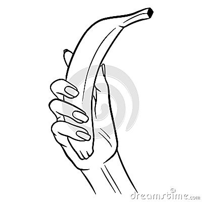 The fruit. Banana in hand. A healthy fruit. Vitamins in food. Line style. Vector Illustration