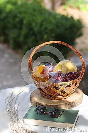 Fruit Basket, Book, Sunglasses and Lavender Stock Photo