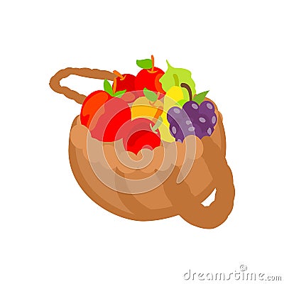 Fruit basket in a cartoon style apples, oranges, bananas, pears and blueberries. Vector illustration in a flat style Vector Illustration