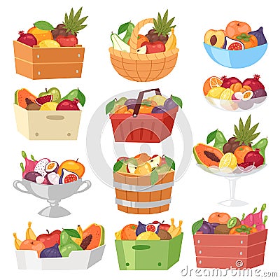 Fruit basket vector fruity apple banana and exotic papaya in box illustration fruitful set juicy orange with fresh Vector Illustration