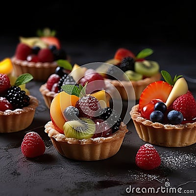 Fruit baskets on black bokeh background. Generative AI Stock Photo