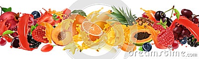 Fruit and berries burst. Splash of juice. Sweet tropical fruits and mixed berries. 3d vector realistic set Vector Illustration