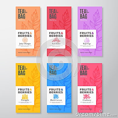 Fruit and Berries Tea Labels Set. Abstract Vector Packaging Design Layouts Bundle. Modern Typography, Hand Drawn Tea Vector Illustration