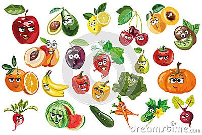 Fruit And Berries and vegetables Characters Sitting And Waving Vector Illustration