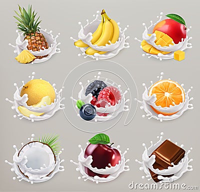 Fruit, berries and yogurt. 3d vector icon set 2 Vector Illustration