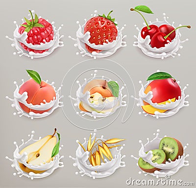 Fruit, berries and yogurt. 3d vector icon set 1 Vector Illustration