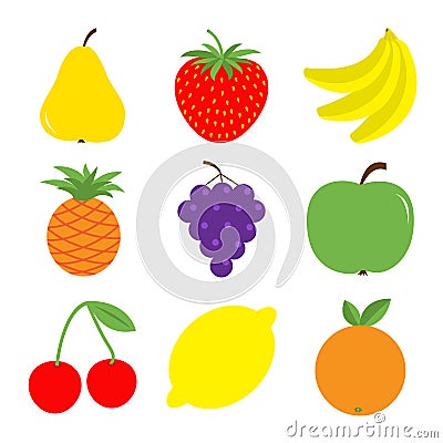 Fruit berry icon set. Pear, strawberry, banana, pineapple, grape, apple, cherry, lemon, orange. Fresh farm healthy food. Education Vector Illustration