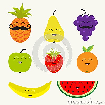 Fruit berry set. Cartoon character face mustache. Vector Illustration