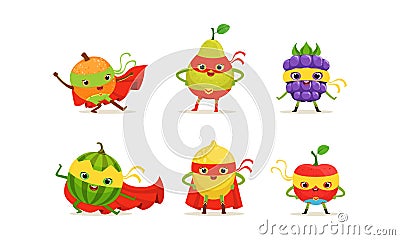 Fruit and Berry Superheros Rushing to the Rescue Vector Set Vector Illustration