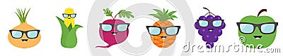 Fruit berry vegetable face sunglasses icon set line. Onion, sweet corn, beet, beetroot, pineapple, grape, apple. Cute cartoon Vector Illustration