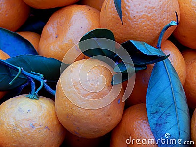 Fruit box with tangerines and green leaves Stock Photo