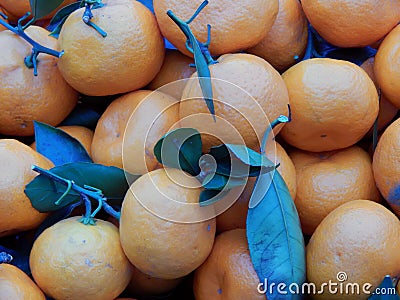 Fruit box with tangerines and green leaves Stock Photo