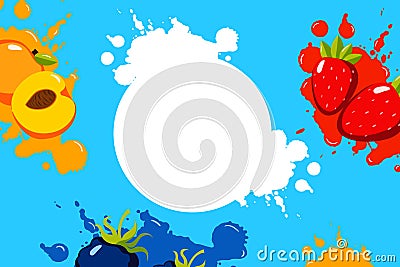 Fruit bright splash banner. Red strawberry smoothie with yellow wave apricot and blue blackberry. Vector Illustration