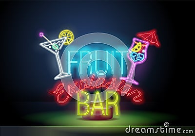 Fruit cafe or cafe neon sign. Colorful text and slice of watermelon on brick wall background. Night bright advertisement Vector Illustration