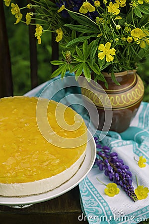 Fruit cake with peach, jelly and mousse Stock Photo