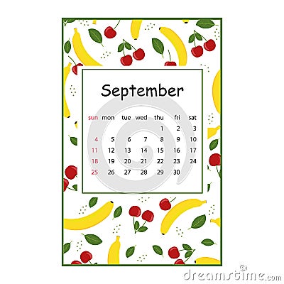 Fruit calendar for 2022 with a fruit pattern for the month of September, color vector summer illustration Vector Illustration