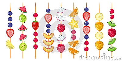 Fruit canapes mix on wooden skewers. Strawberries, blueberries, raspberries, watermelon, kiwi, banana, tangerine Stock Photo