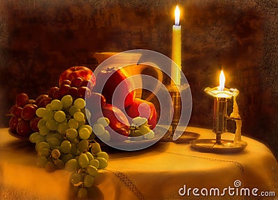 Fruit and candle, Vintage. Stock Photo