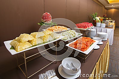 Fruit carvings on the buffet table Stock Photo