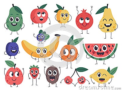 Fruit character. Doodle vegetarian food mascots, happy fruits comic emotions, cute apple, banana and funny avocado Vector Illustration