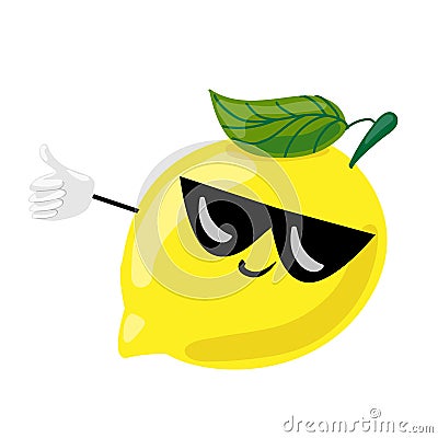Fruit characters. Cool yellow lemon wearing black sunglasses and doing a thumbs up and smiling. Cartoon lemon character Vector Illustration