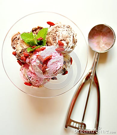 Fruit and chocolate icecream with spoon Stock Photo